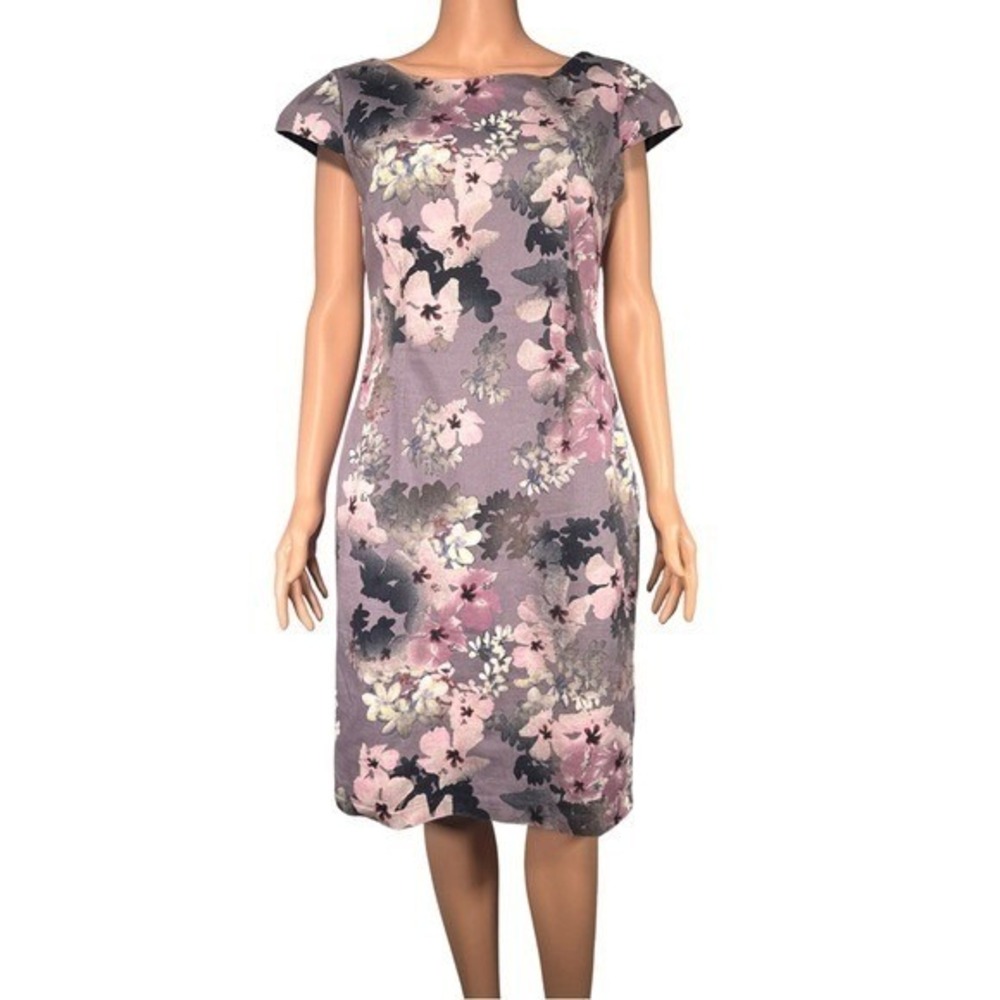 Monsoon Floral Sheath Dress Purple Metallic Cap Sleeve Knee Length Size 8